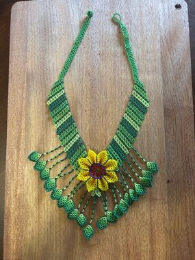 Green & Yellow Beaded Sunflower Fringe Necklace